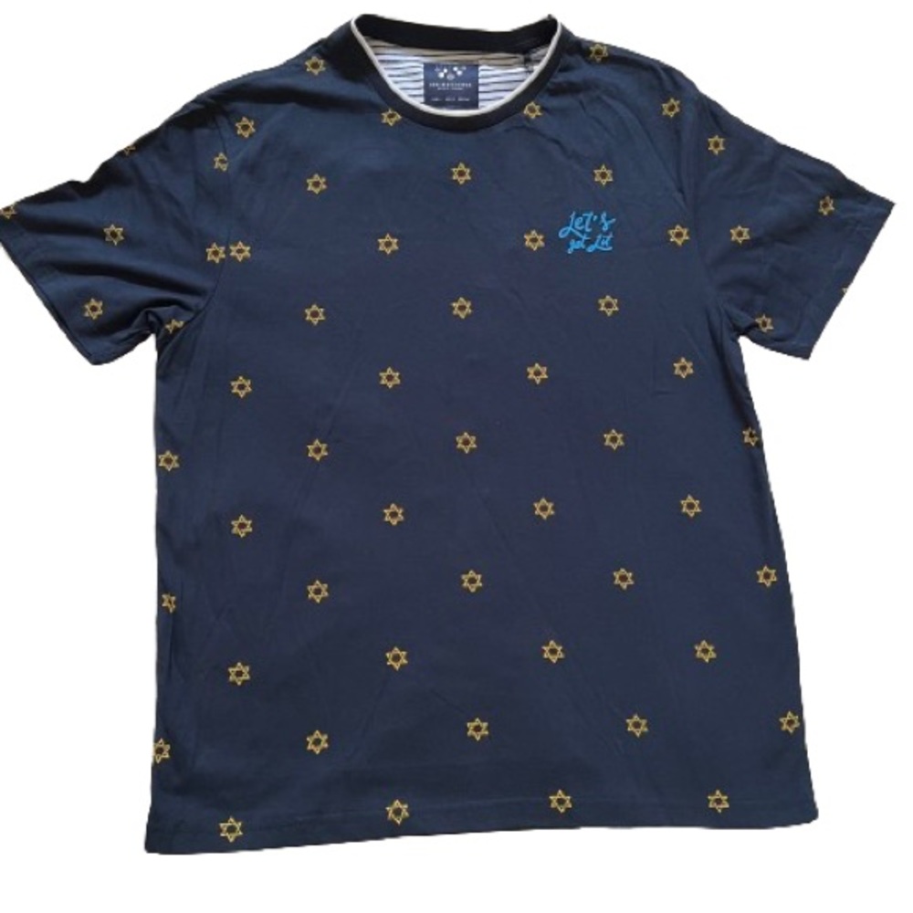 MENS DENIM & FLOWER HANUKKAH STAR OF DAVID LET’S GET LIT SHIRT LARGE